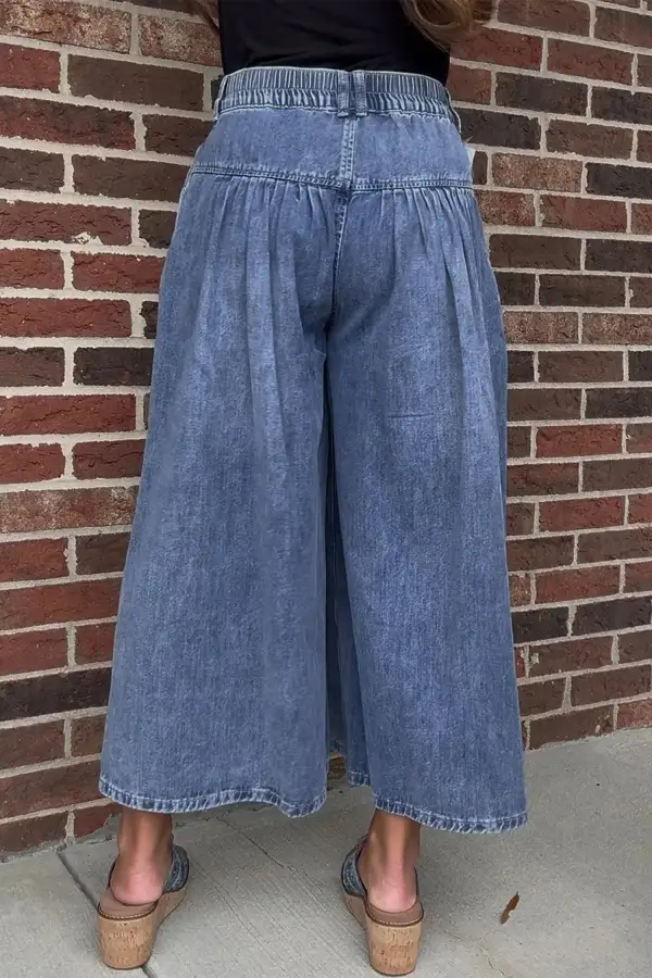 Women's High Rise Buttons Pleated Cropped Wide Leg Denim Pants