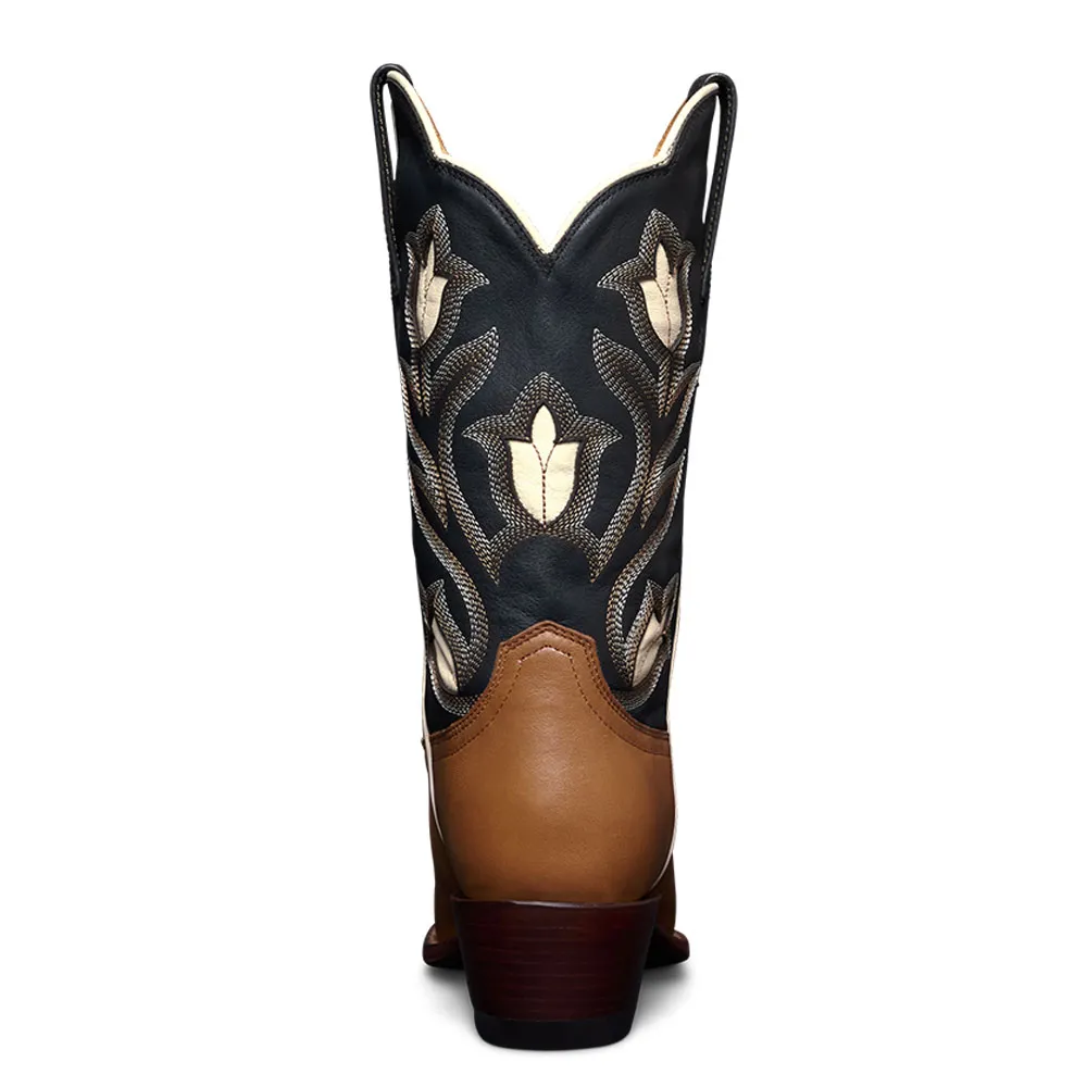 Faux-Leather Embroidered Floral Snip-Toe Mid-Calf Boots