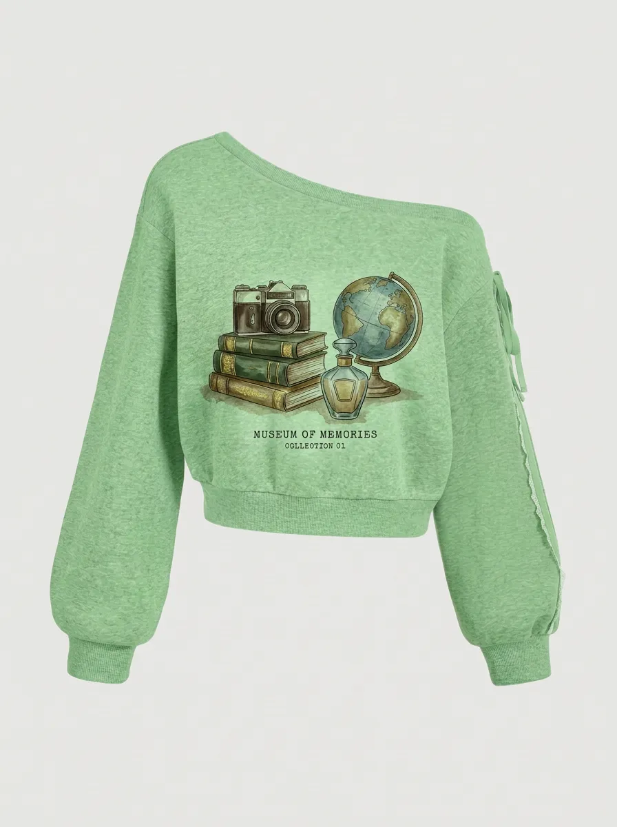 Women's Travel-Inspired Camera Globe Books Printed Off-Shoulder Sweatshirt