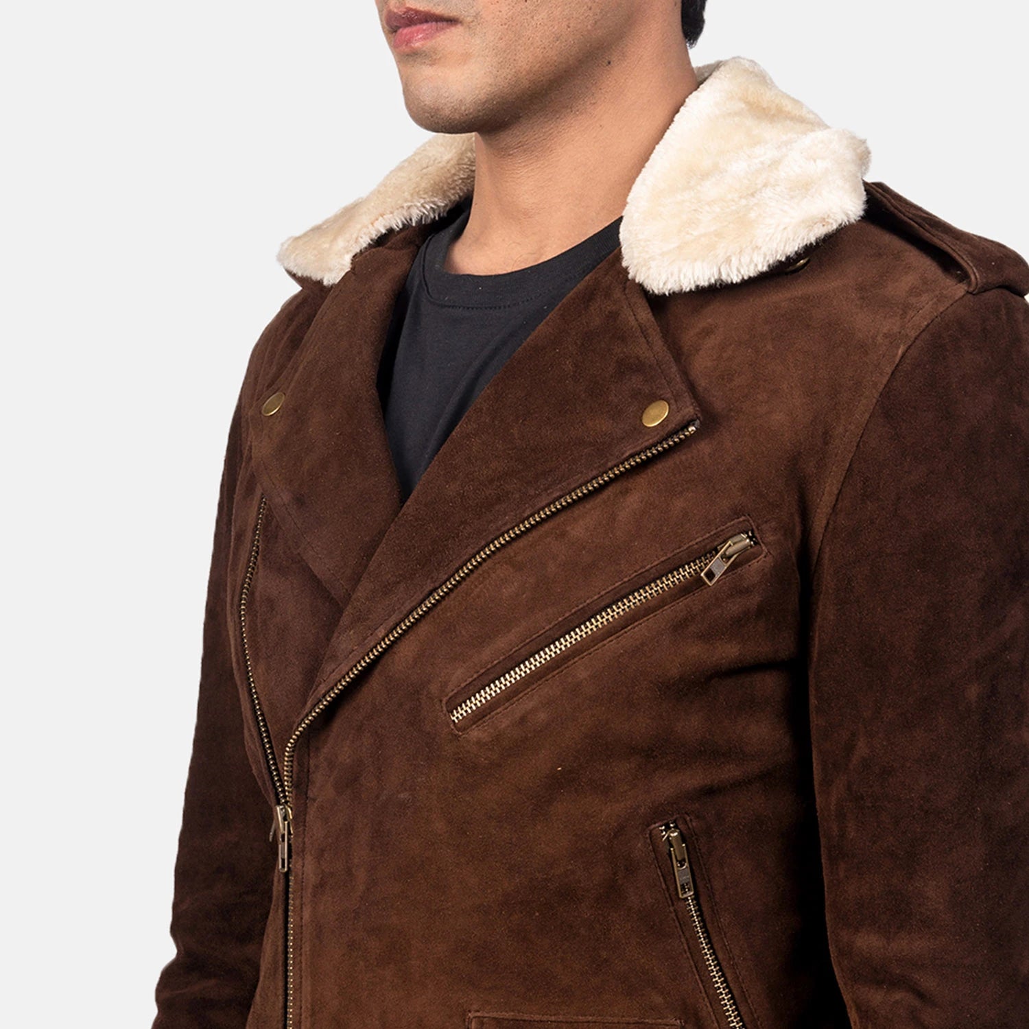 Men's Biker Suede Fur Trim Jacket