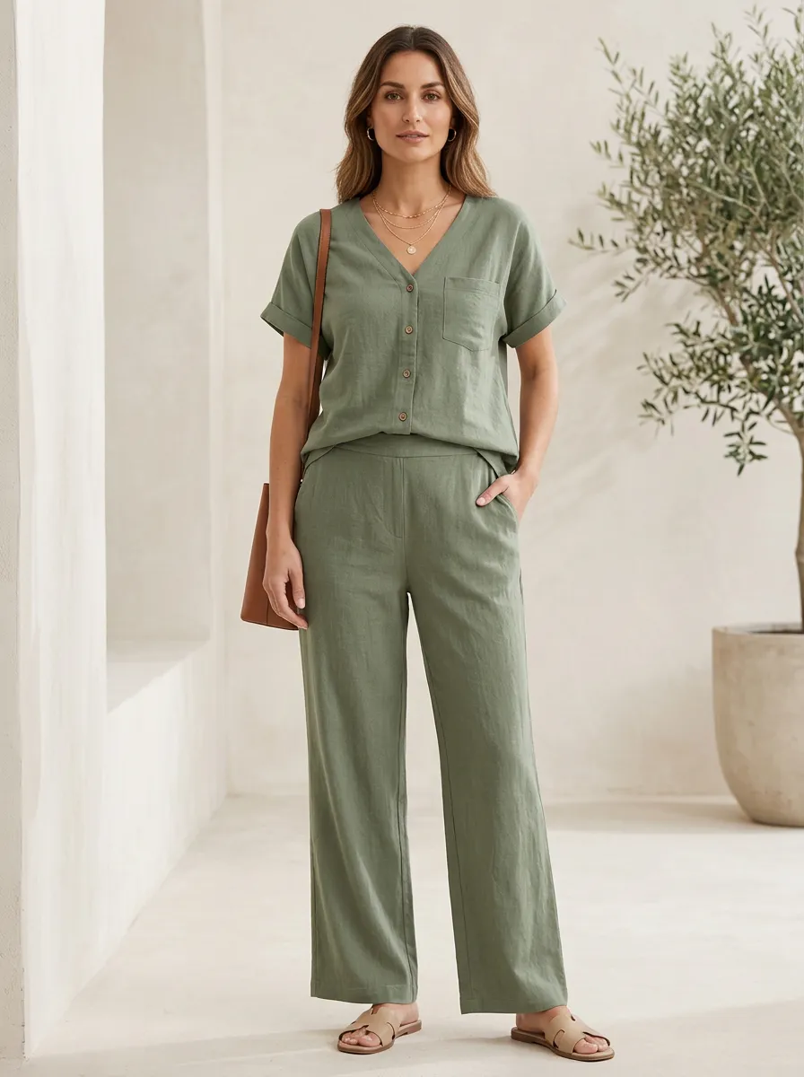 Short-Sleeve Cuffed-Sleeve Button-Down Women's V-Neck Shirt