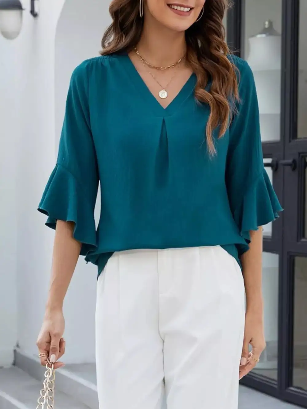 V-Neck Ruffle Sleeve Blouse