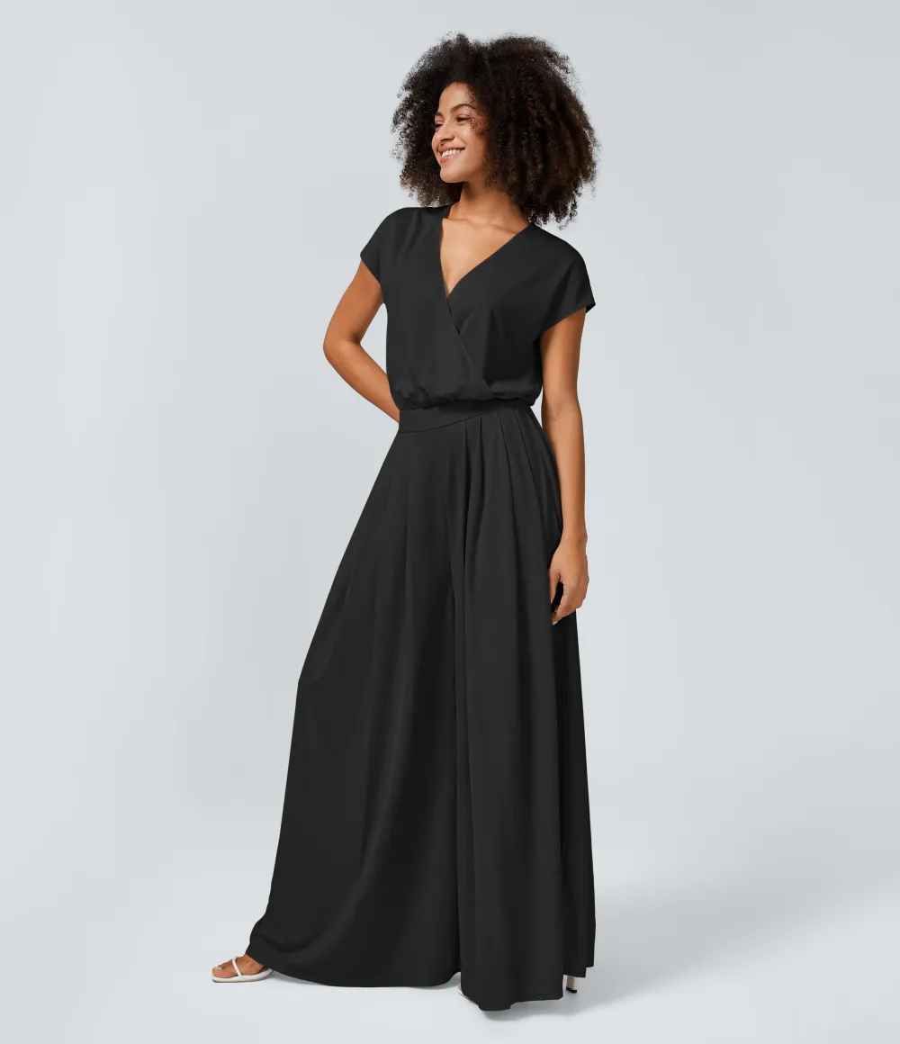 V Neck Short Sleeve Side Pocket Wide Leg Flowy Waffle Casual Jumpsuit