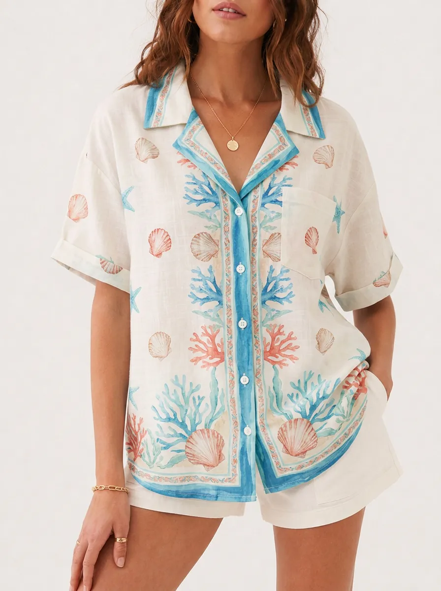 Women's Beach Vacation Seashell Coral Printed Button-Up Shirt