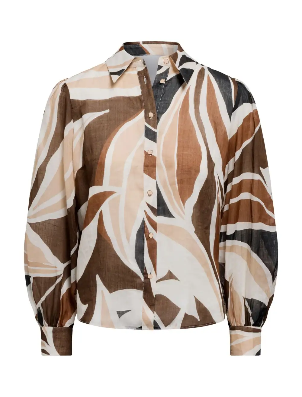Brown White Abstract Print Long Sleeve Blouse
