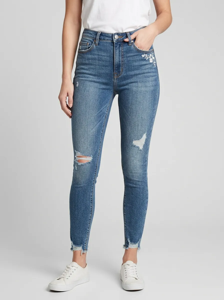 Women's Crest Floral Embroidery Distressed Printed Slim Jeans