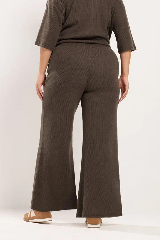 Chocolate Brown Ribbed Wide Leg Trousers detail 3