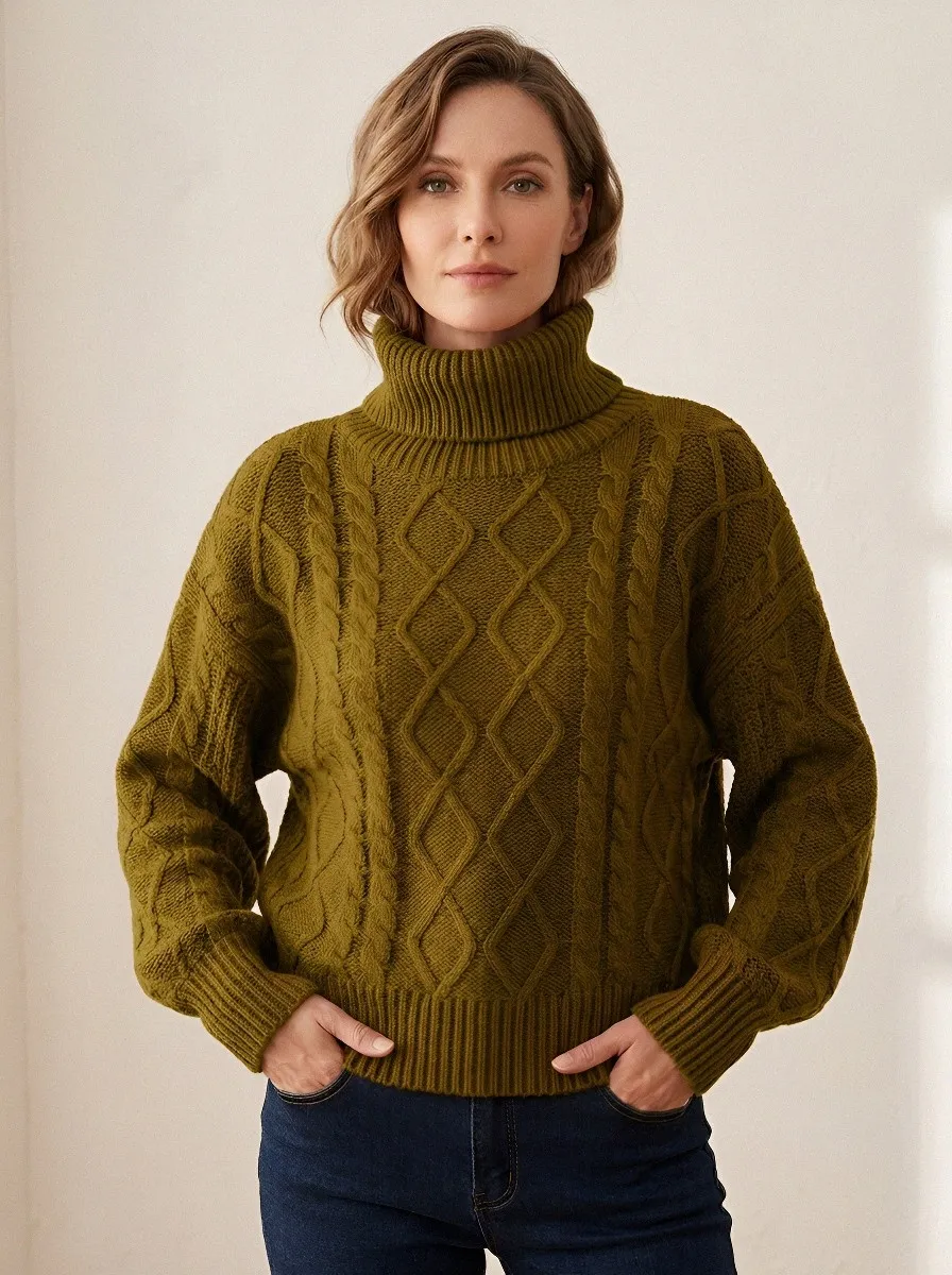 Women's Autumn Casual Diamond Cable Knit Turtleneck Sweater