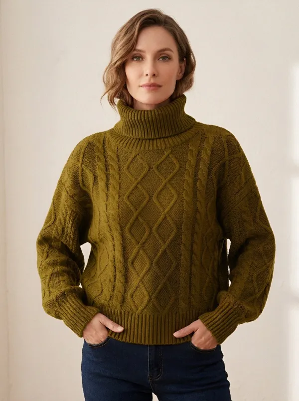 Women's Autumn Casual Diamond Cable Knit Turtleneck Sweater