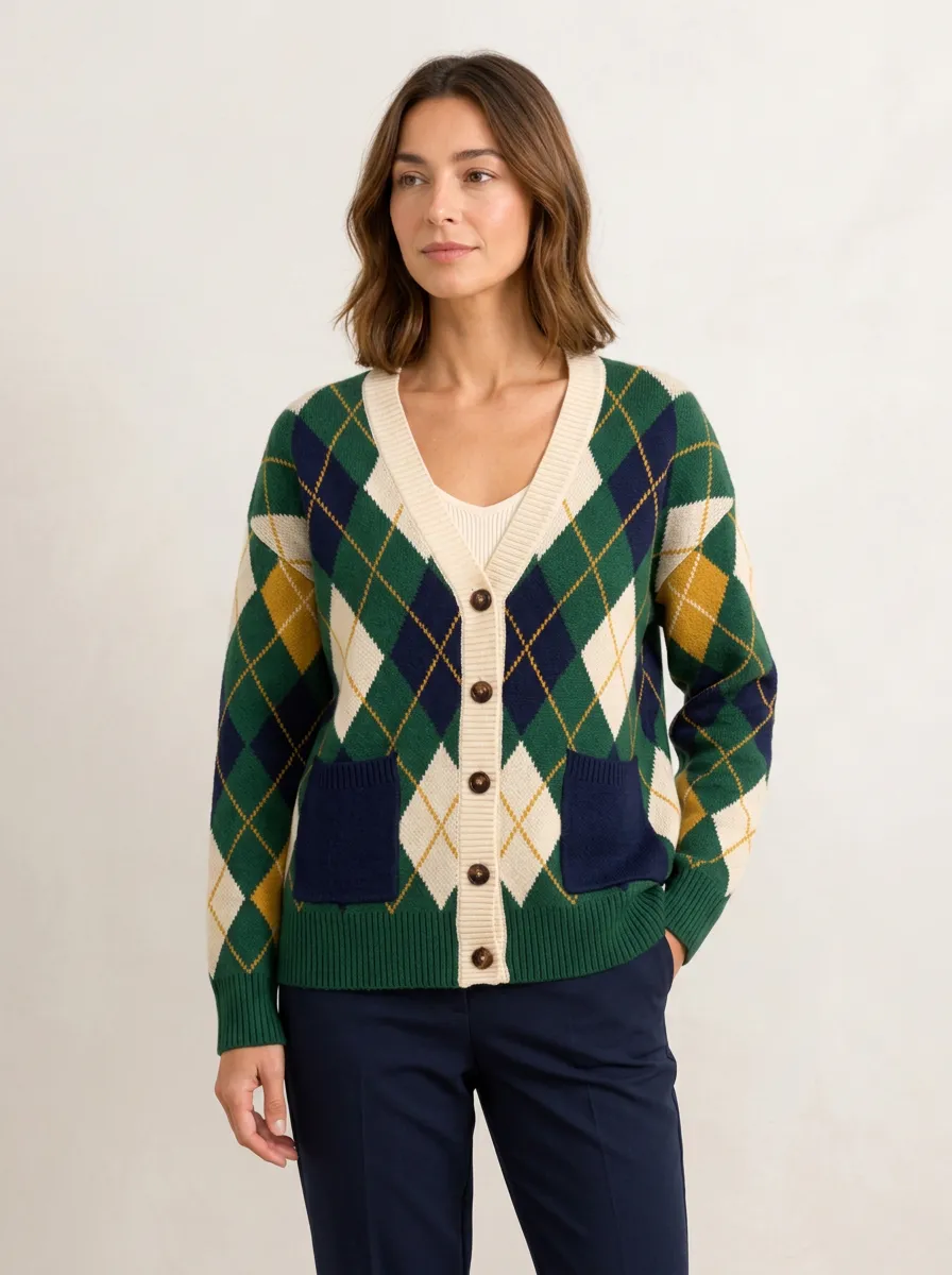 Women's Multi-Color Argyle V-Neck Cardigan