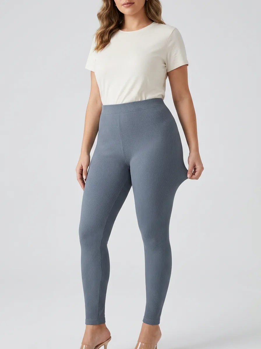 Mid-Rise Ribbed Casual Women's Stretch Mid-Rise Pants