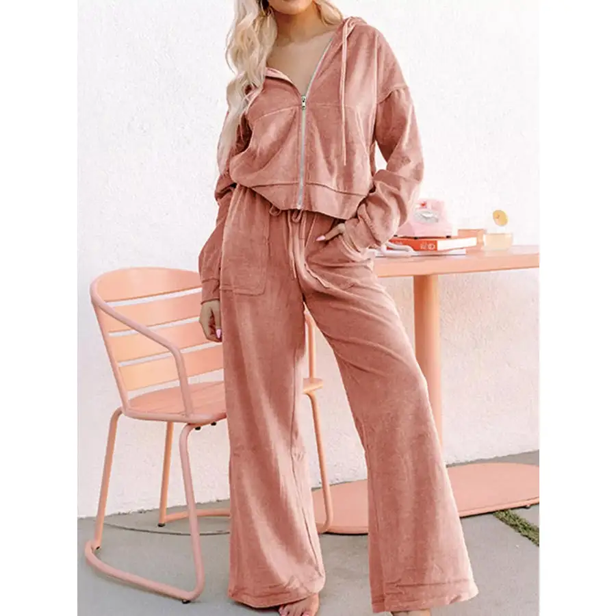 Zip Up Dropped Shoulder Hooded Top and Pants Set
