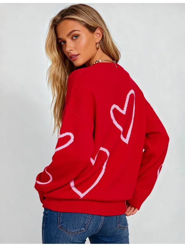 Valentine Heart Pattern Round Neck Long Sleeves Sweater