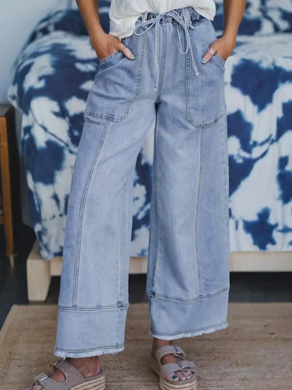 Wide Leg Raw Hem Drawstring Denim Jeans