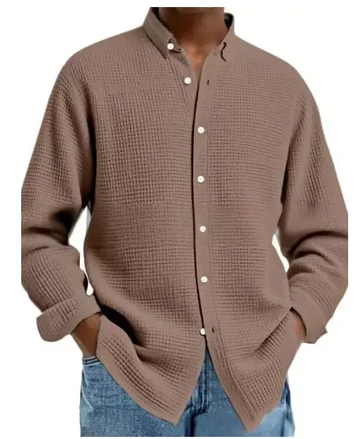 Men's Solid Color Waffle Knit Fashion Casual Long Sleeve Shirt Cardigan