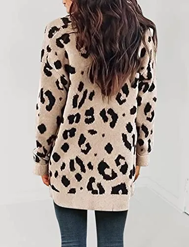 Women's Long Sleeves Open Front Leopard Print Knitted Sweater Cardigan Coat Outwear