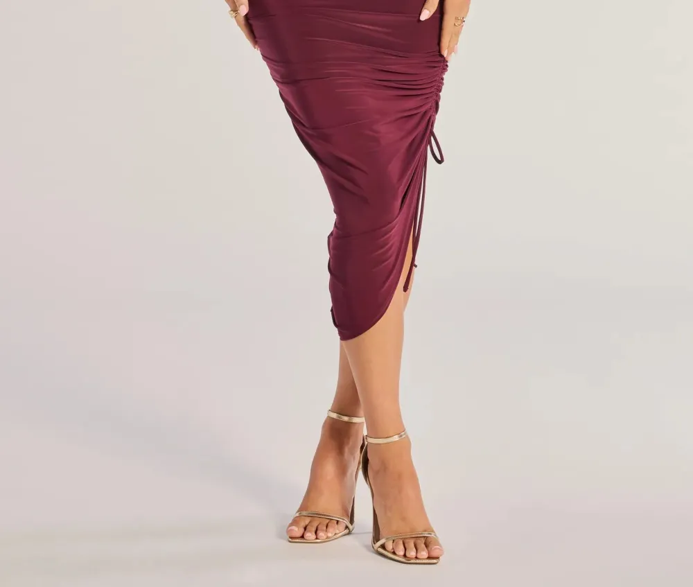 Plum Knit High-Rise Ruched Slit Midi Skirt