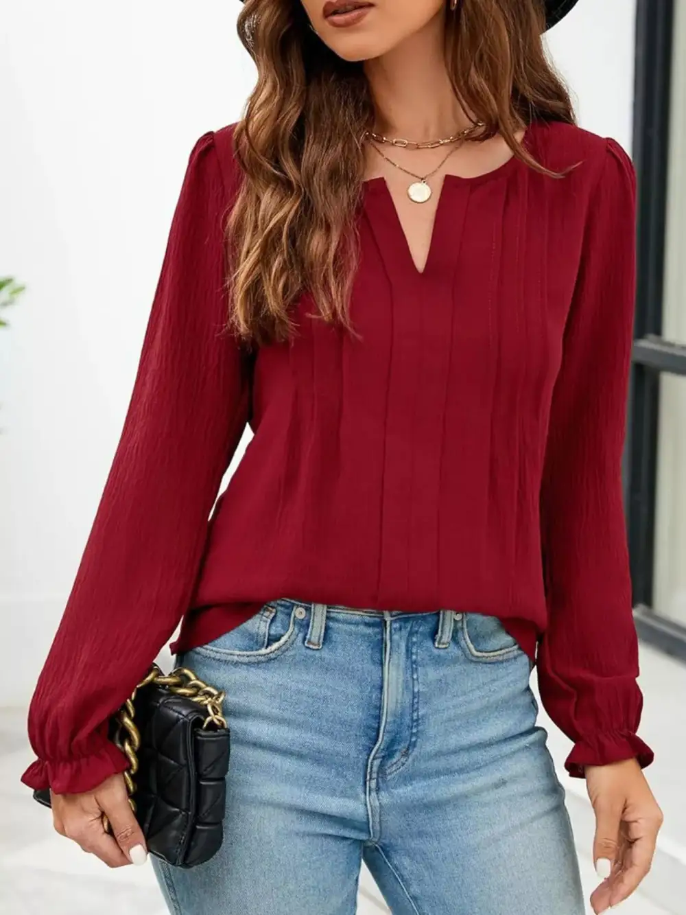 Notched-Neck Ruffle-Cuff Blouse