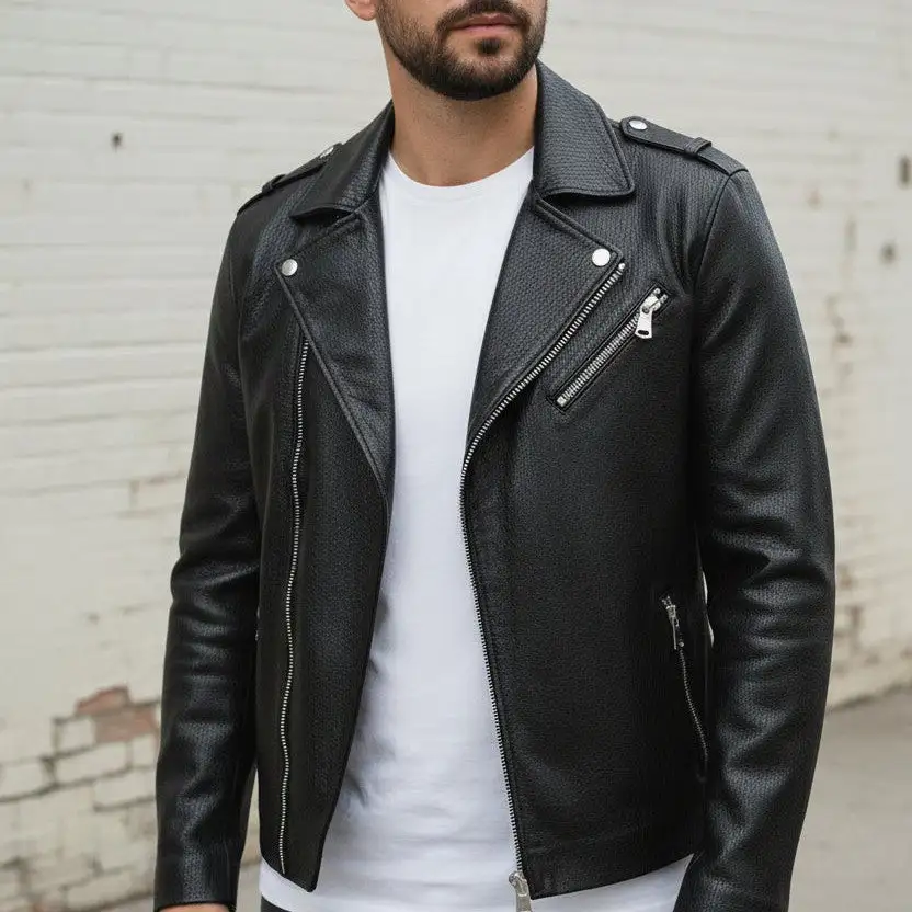Leather Biker Motorcycle Pebbled Jacket