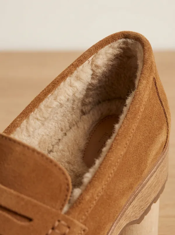 Women's Utility Faux Fur Lined Buckle Detail Casual Suede Wood Sole Loafers