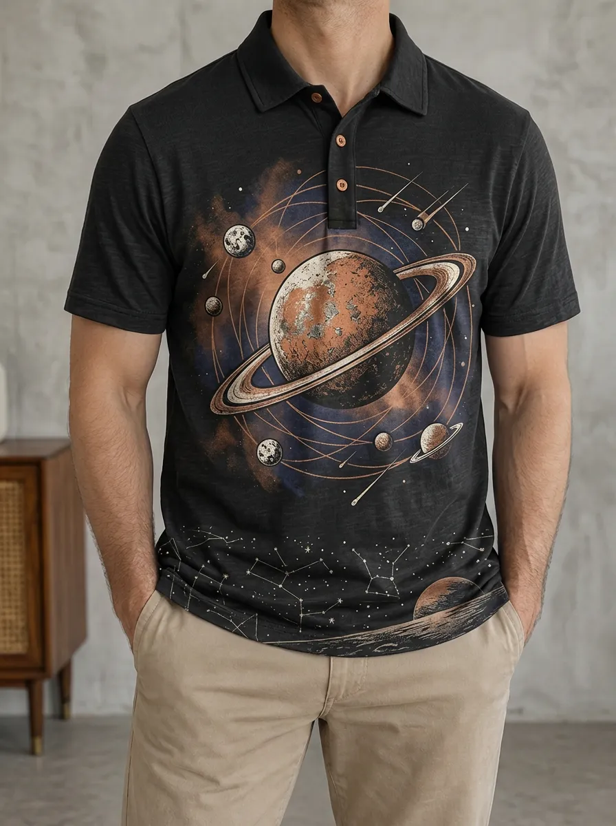 Men's Space Astronomy Saturn Planet Printed Polo Shirt Everyday Casual Style