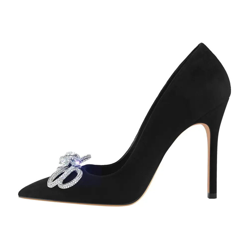 Suede Finish Rhinestone Pointed Toe Stiletto Pumps