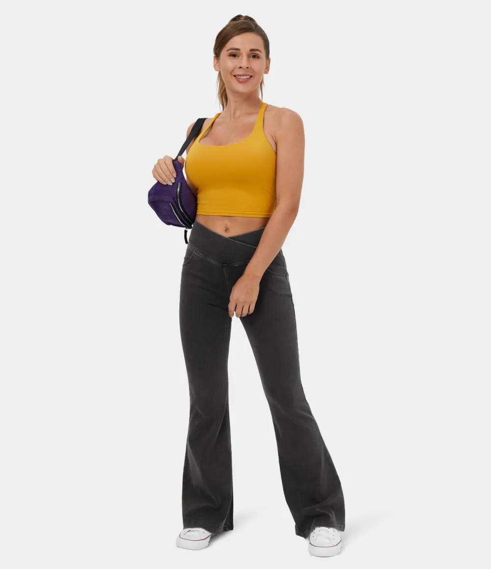 Magic High Waisted Crossover Pocket Washed Stretchy Knit Casual Super Flare Jeans