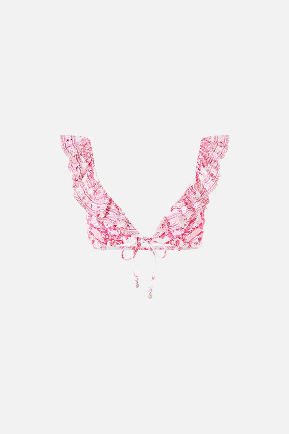 Tie Front Tri Bikini Top with Frill Neck