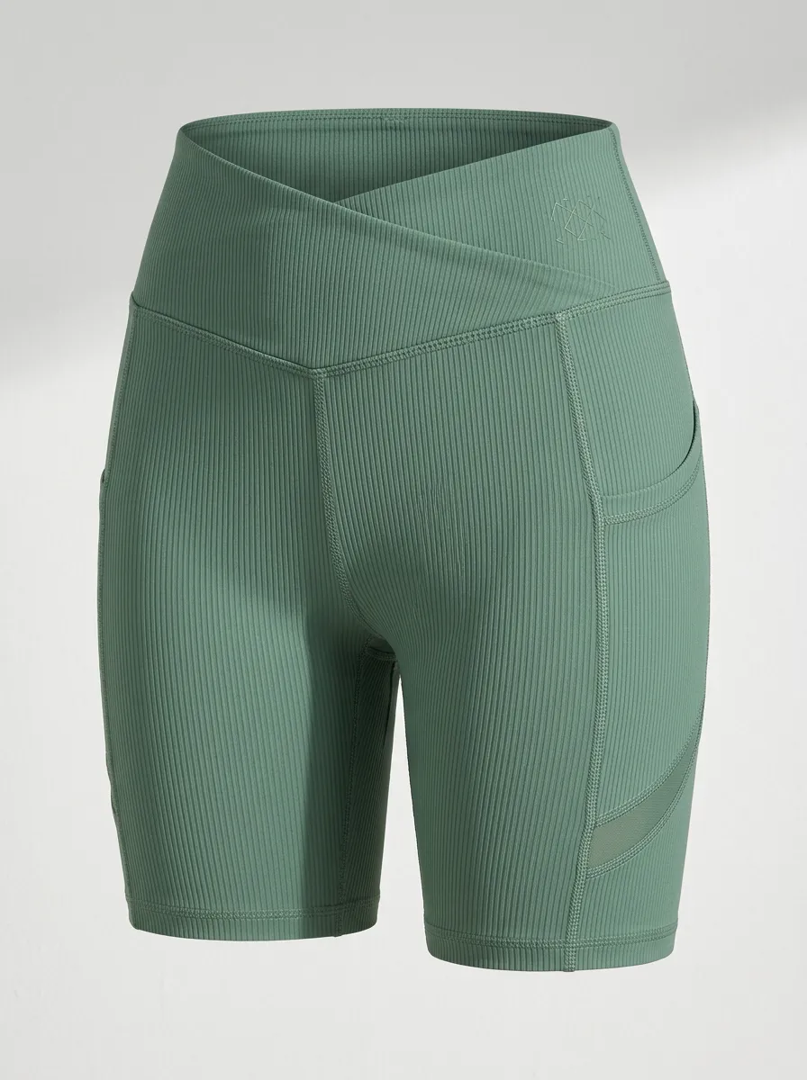 Women's Yoga Fitness Crossover Ribbed Pocket Printed Shorts