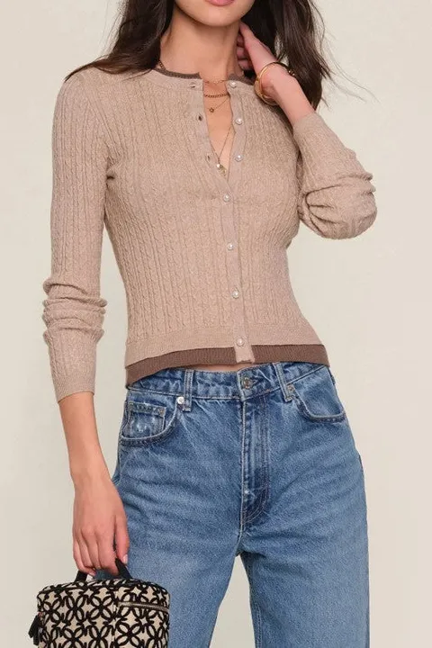 Women's Beige Button Front Cable Knit Cardigan