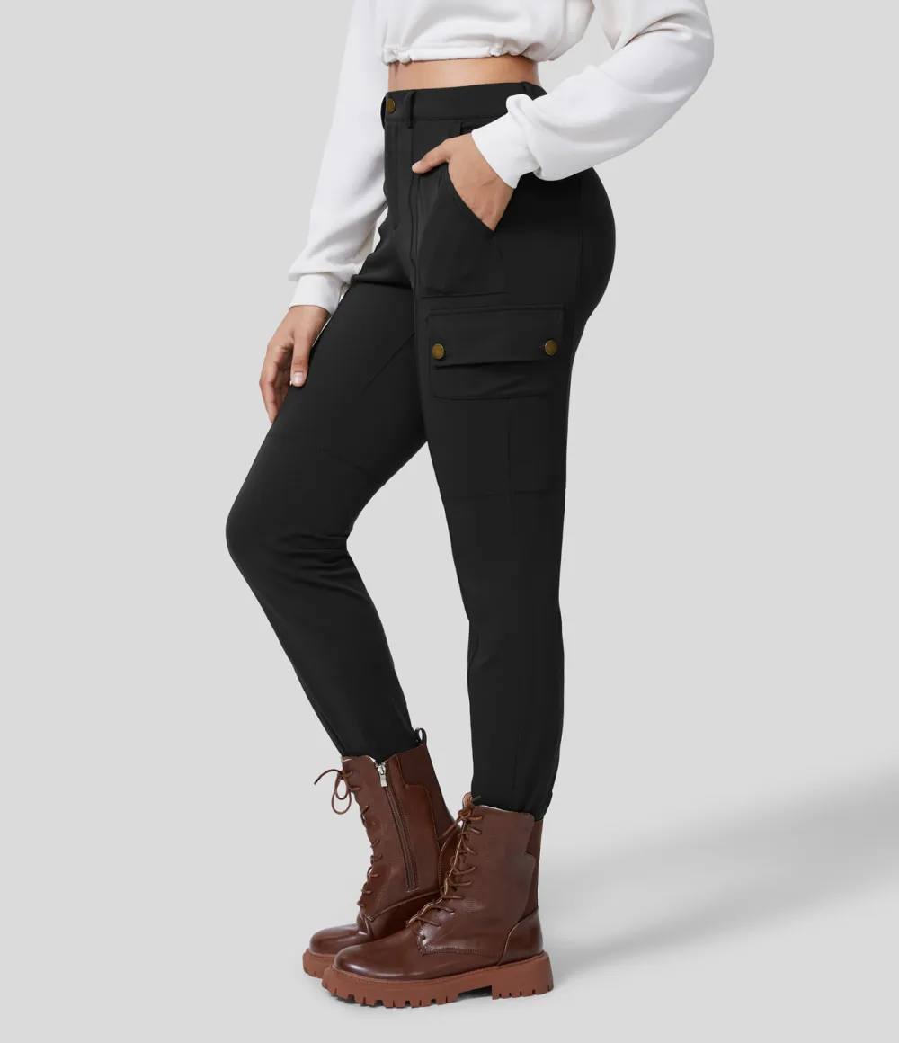 High Waisted Button Zipper Multiple Pockets Solid Skinny Cargo Pants