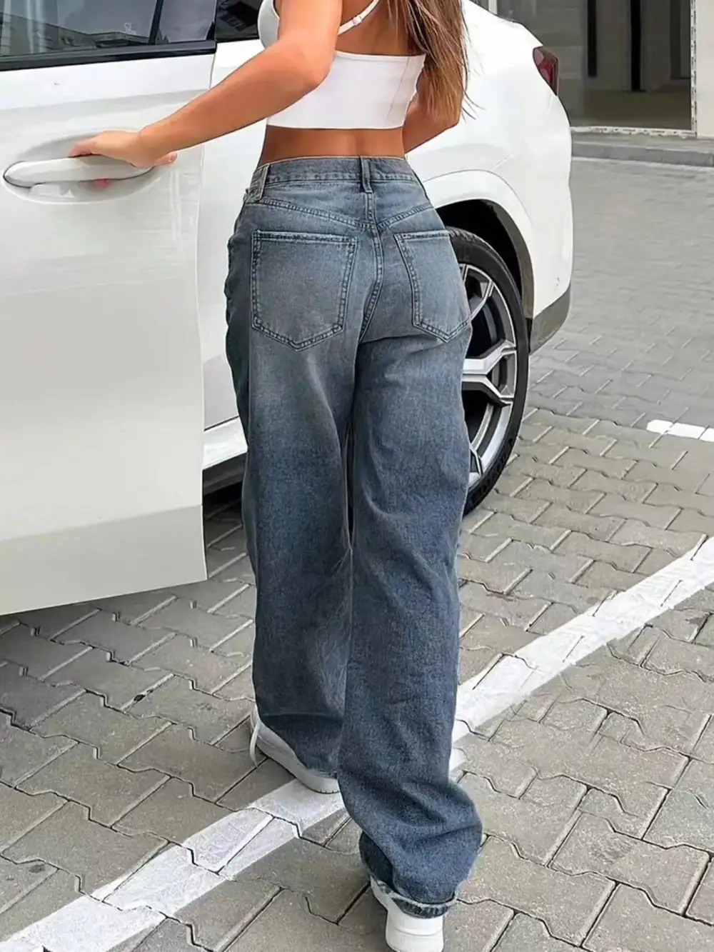 Structured Wide Leg Washed Denim Jeans