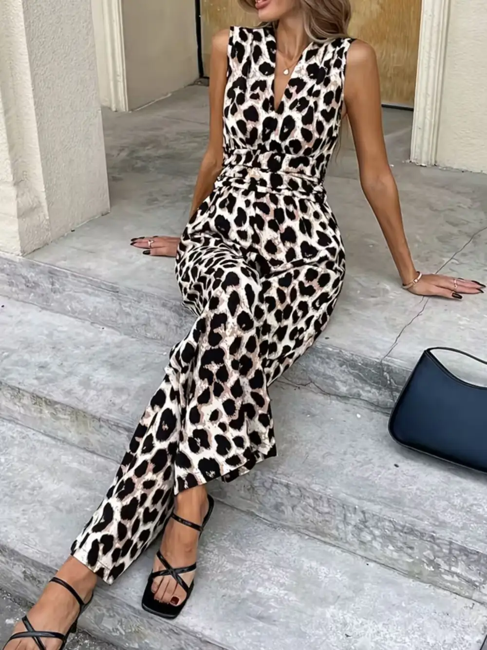 Sleeveless V Neck Leopard Print Wide Jumpsuit