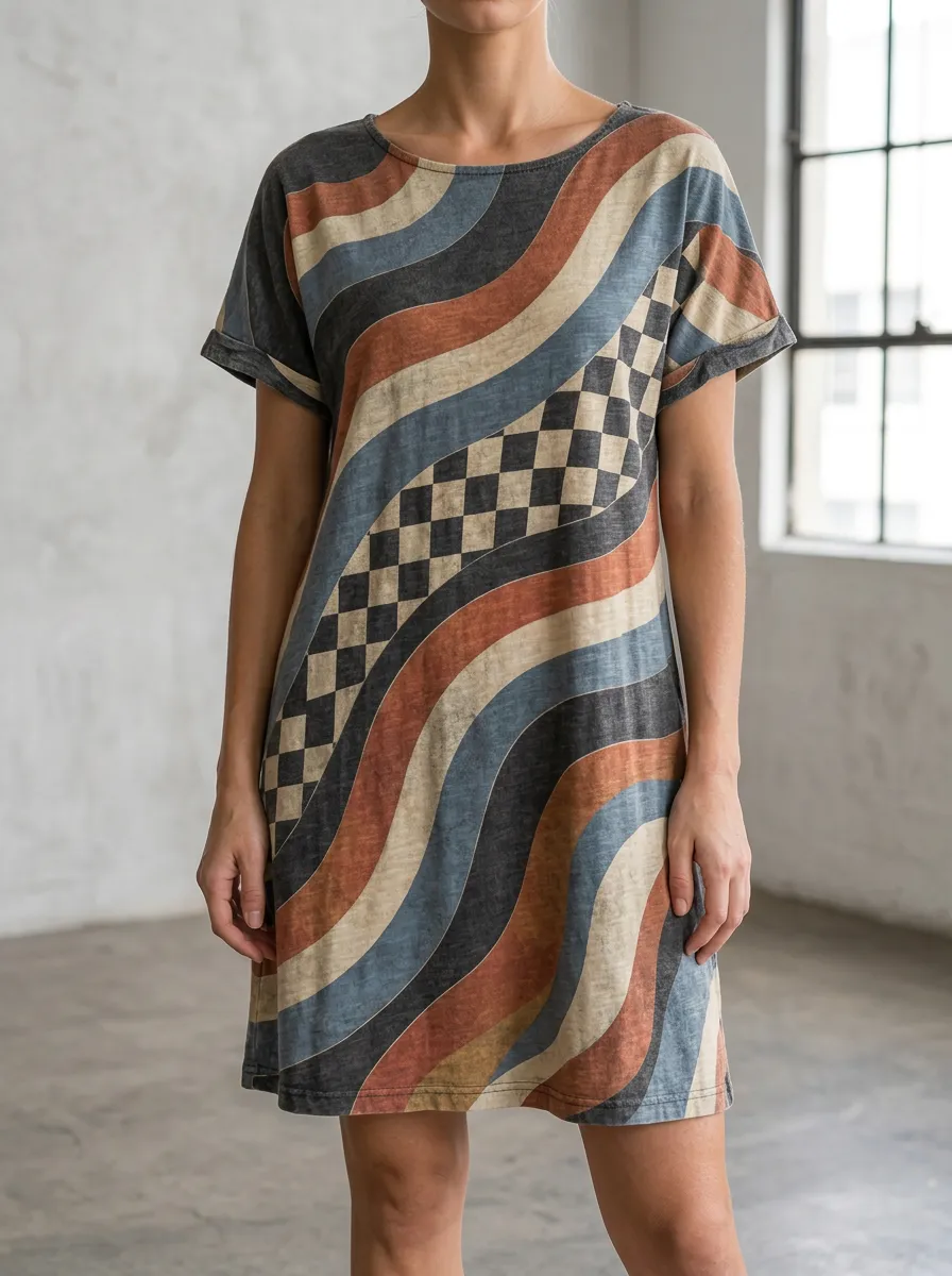 Women's Retro Wavy Checkerboard Pattern Printed Dress