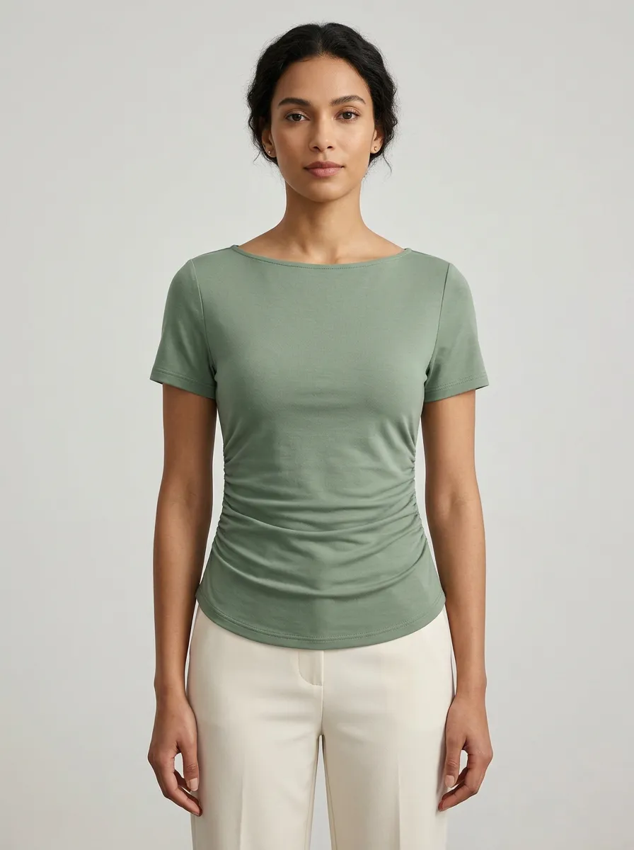 Fitted Boat-Neck Side-Ruched Ruched Fitted Top