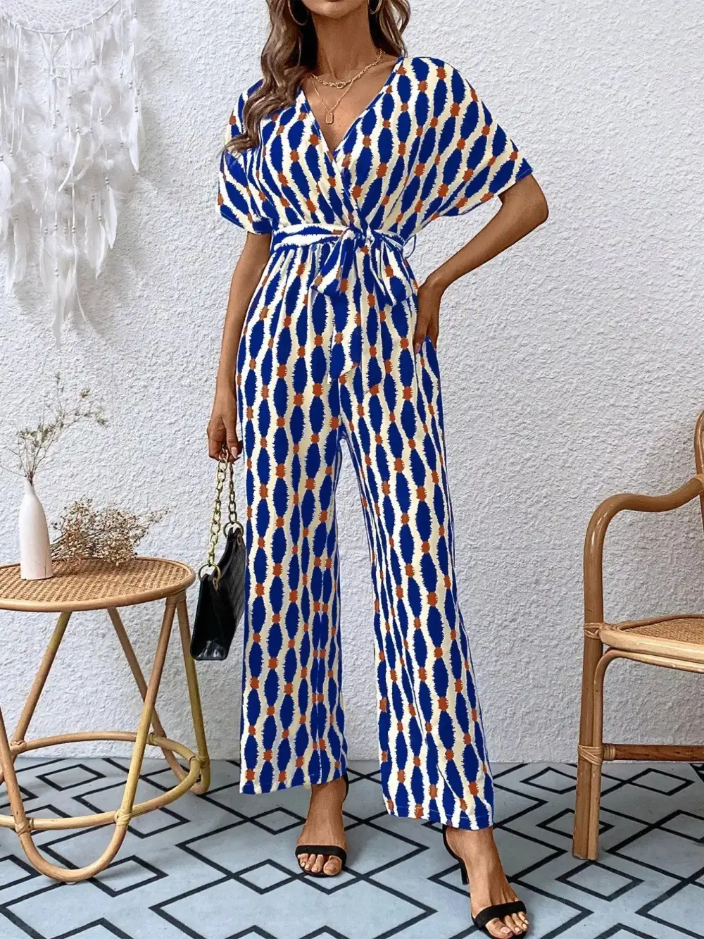Printed Surplice Tie Waist Short Sleeve Shorts