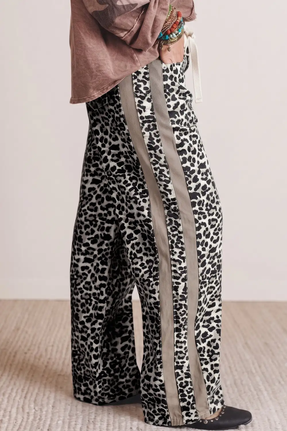 Women's Leopard Print Drawstring Waist Straight Leg Jeans