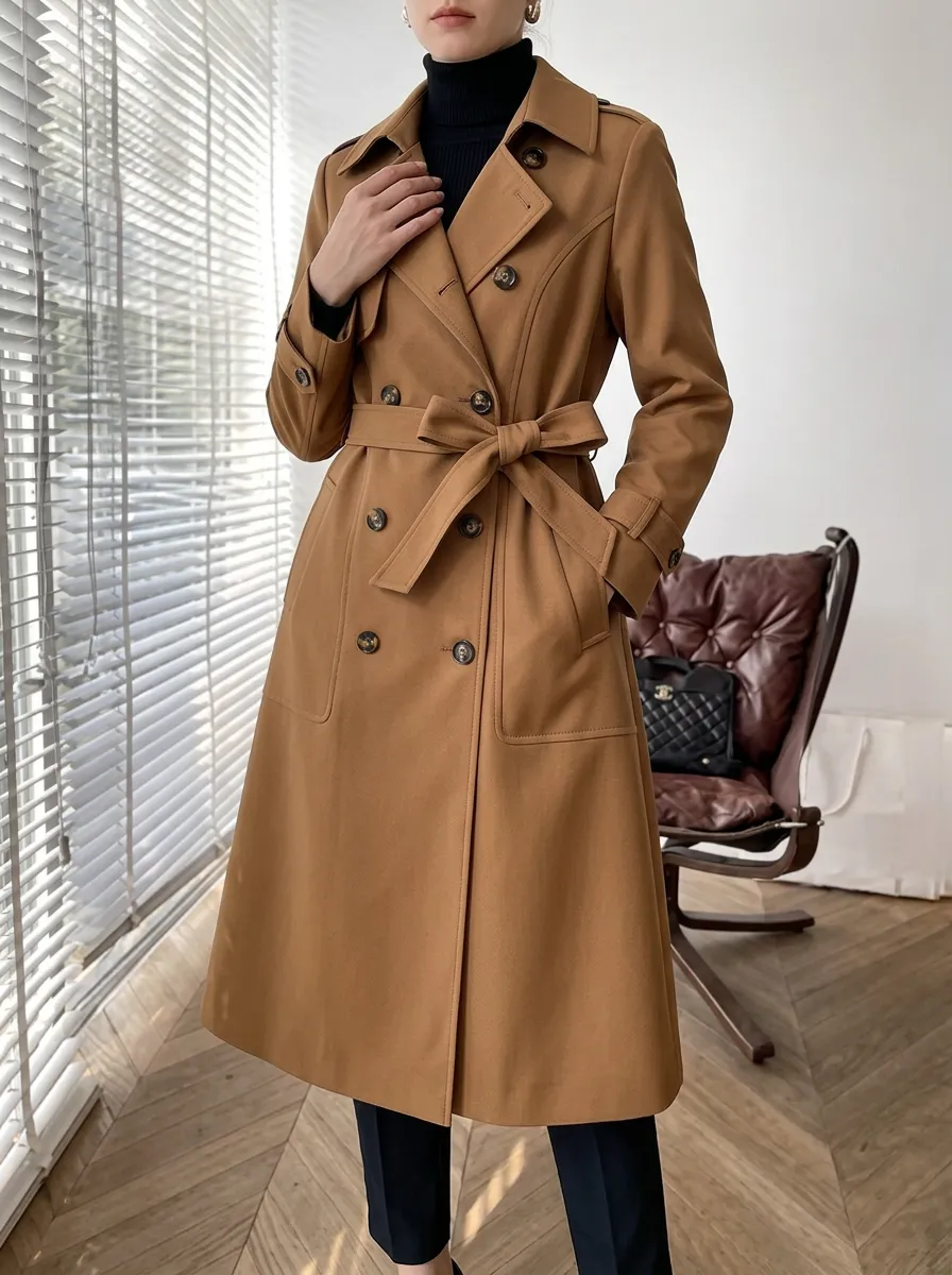 Women's Clean Line Double-Breasted Belted Classic Long Trench Coat