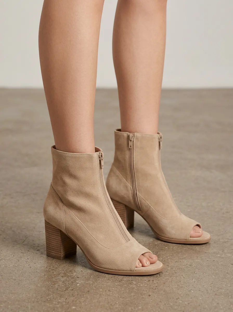 Block-Heel Suede-Look Women's Peep-Toe Ankle Boots