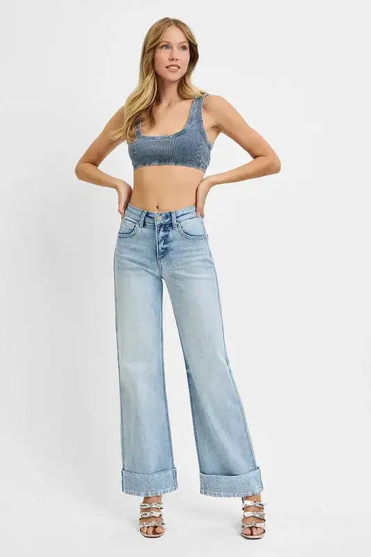 Soft High Waist Wide Leg Cuffed Denim Jeans