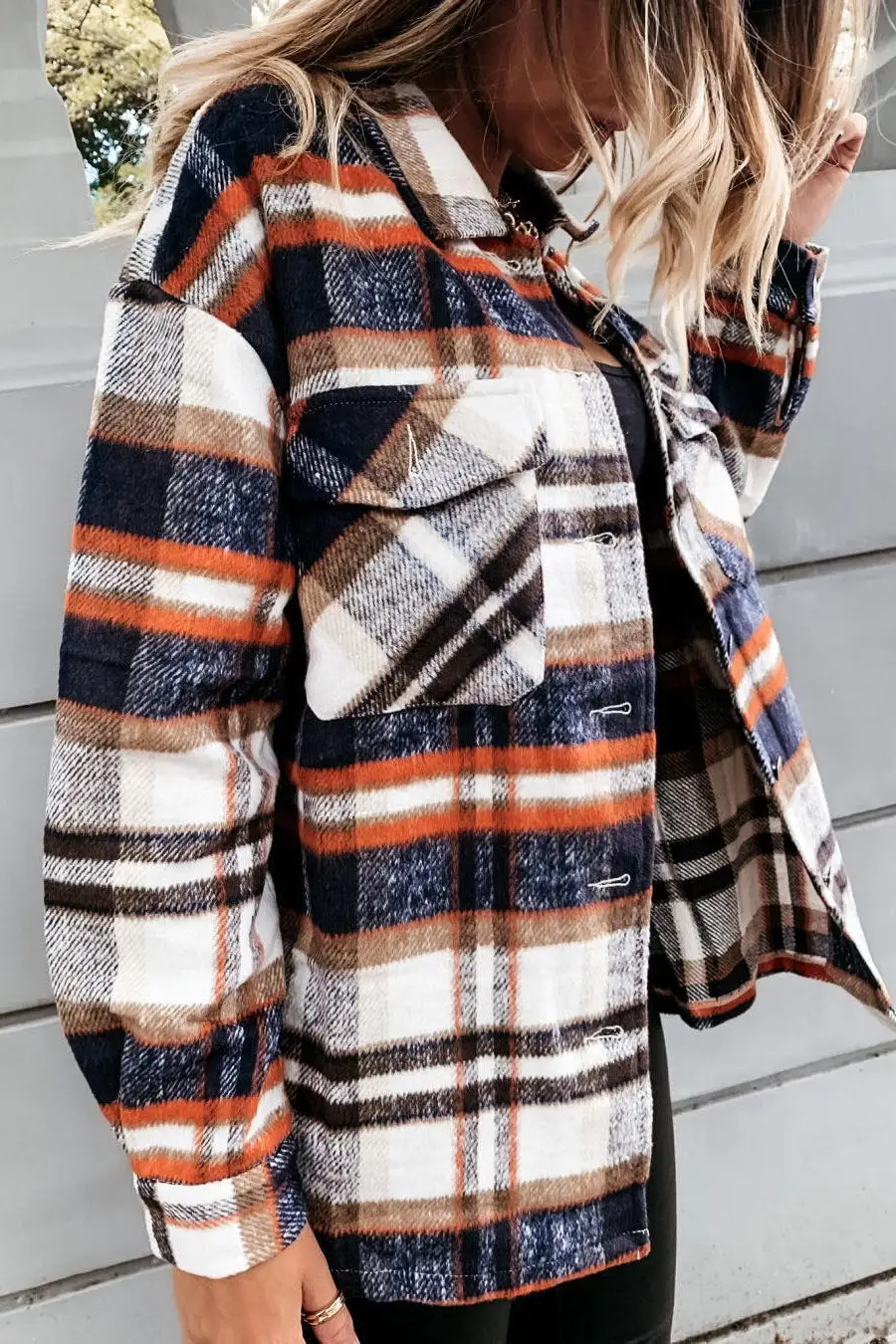 Casual Lapel  Button Plaid Pocket Coat