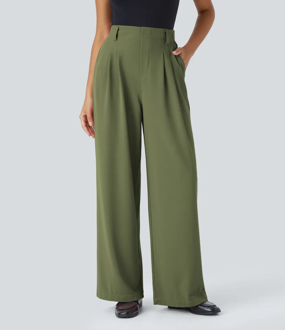  High Waisted Plicated Side Pocket Wide Leg Waffle Work Pants