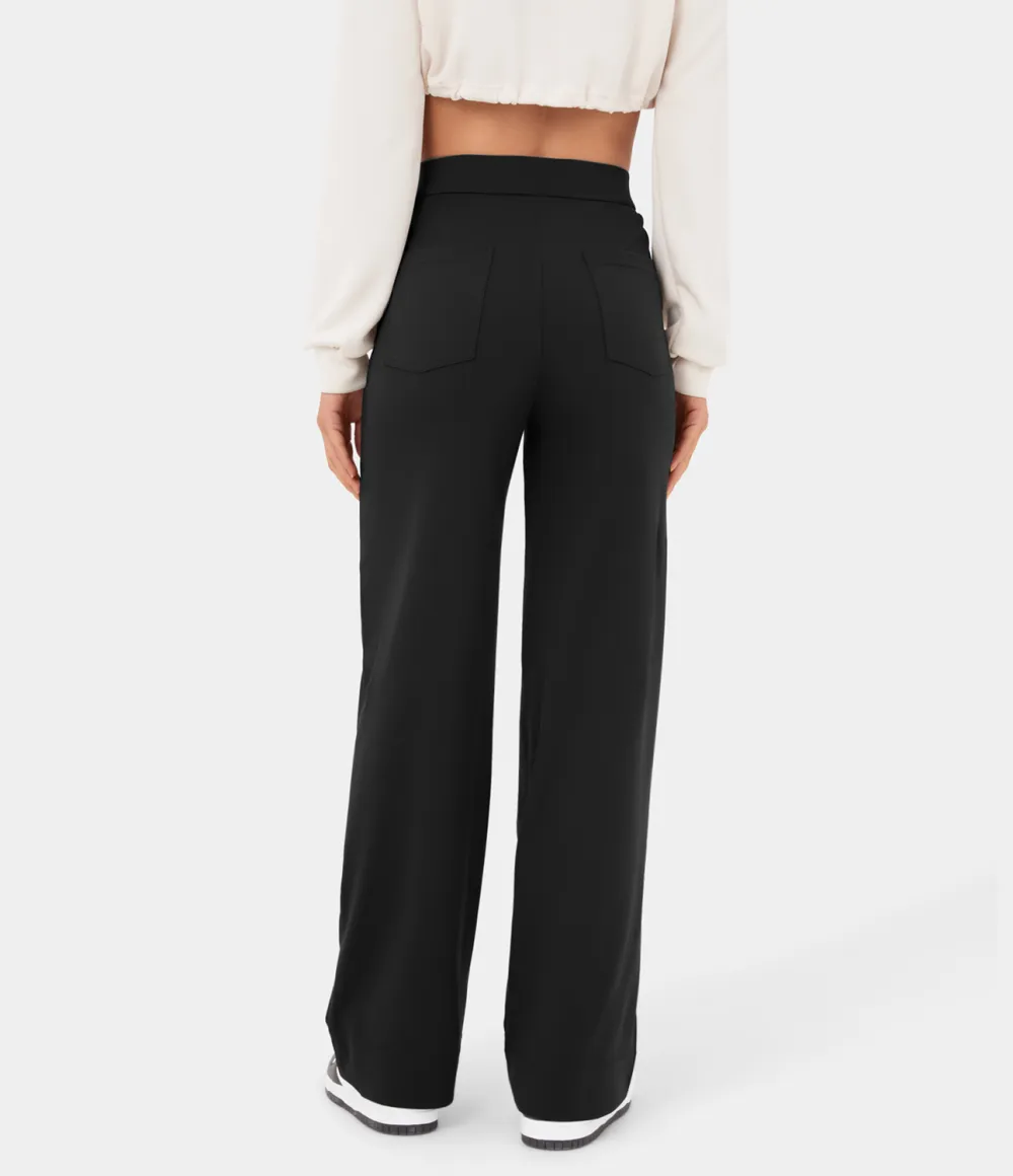 High Waisted Button Multiple Pockets Straight Leg Casual Pants