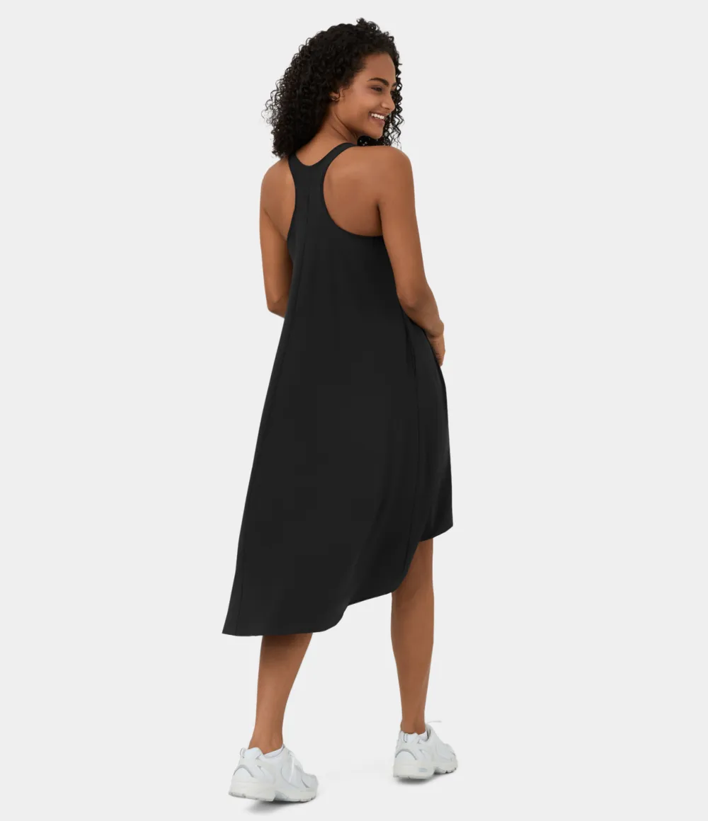 Breezeful Backless Racerback Side Pocket High Low Flowy Midi Quick Dry Casual Dress