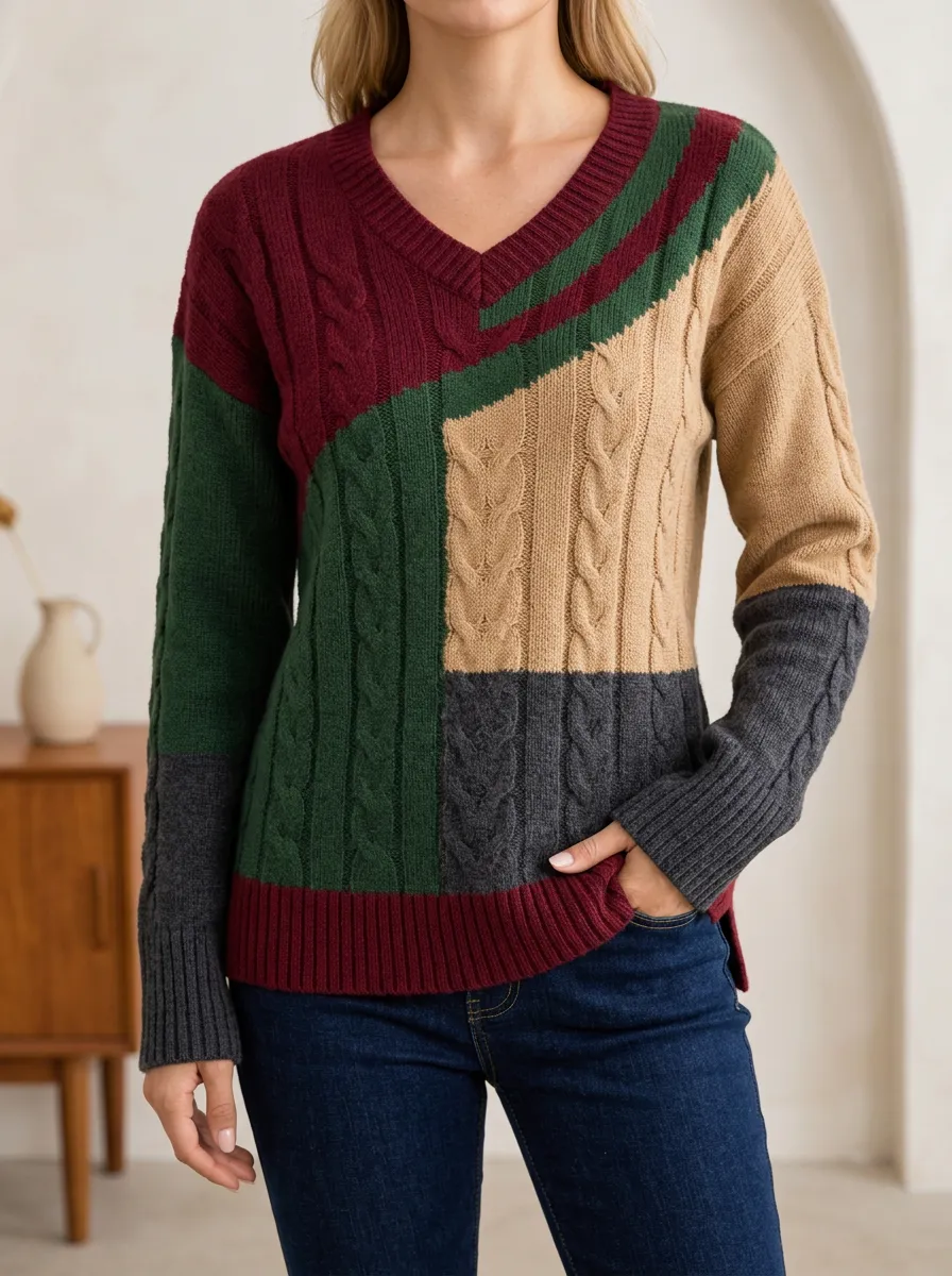Colorblock Cable Knit Sweater with a V Neck Finish