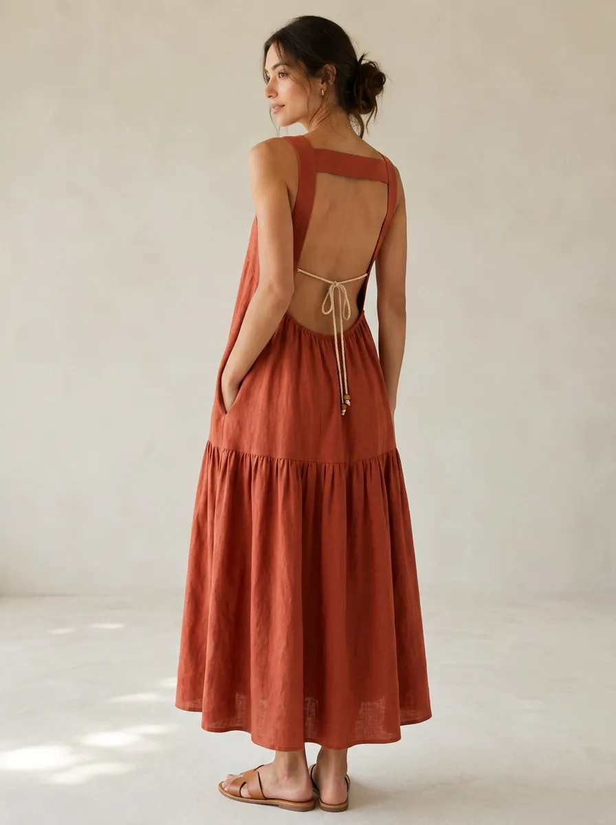 Women's Easy-Fit Casual Tie-Strap Linen Maxi Backless Dress