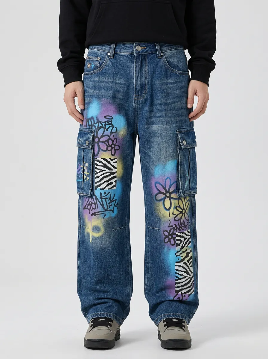 Men's Canvas Graffiti Floral Zebra Graphic Cargo Jeans