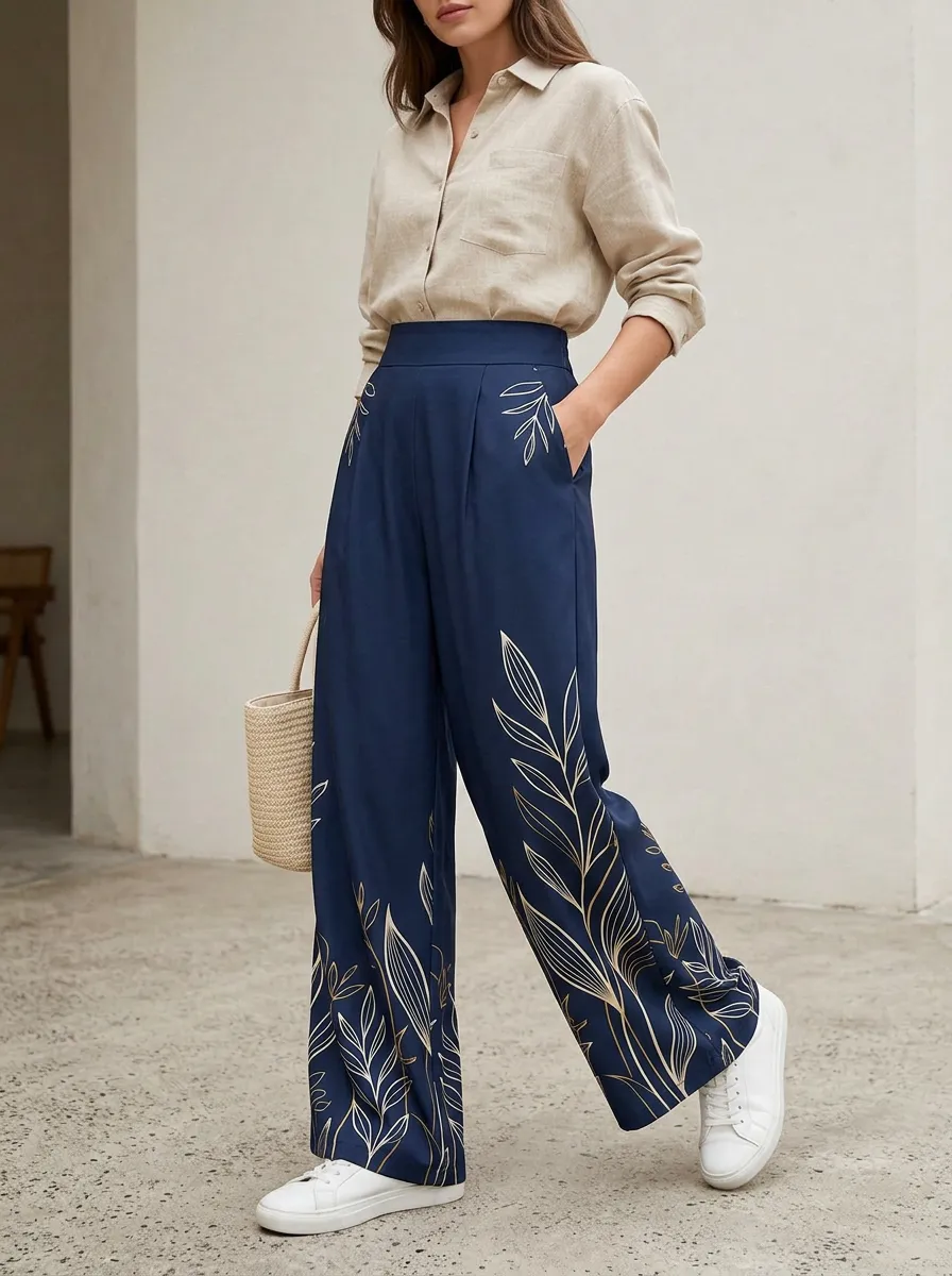Women's Botanical Leaf Art Navy Patterned High-Waist Wide-Leg Pants