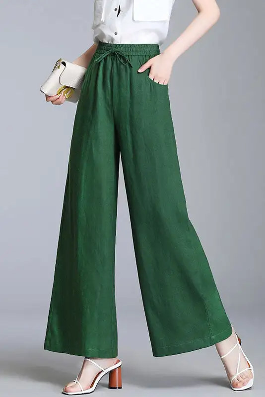 Polished Linen Wide Leg High Waist Pocketed Trousers