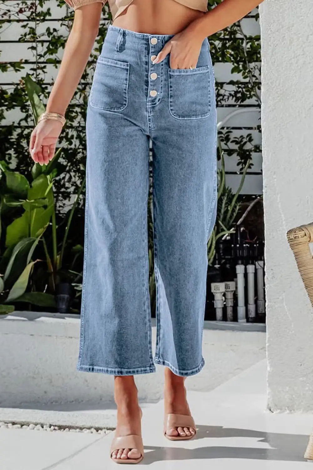 Soft Wide Leg Button Denim Jeans